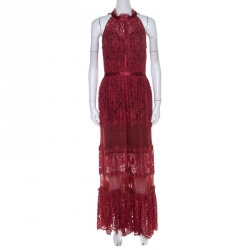 Temperley London Red Floral Sheer Lace Tiered Sleeveless Maxi Dress M