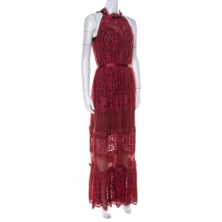 Temperley London Red Floral Sheer Lace Tiered Sleeveless Maxi Dress M