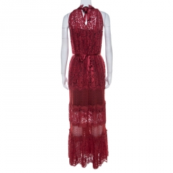 Temperley London Red Floral Sheer Lace Tiered Sleeveless Maxi Dress M