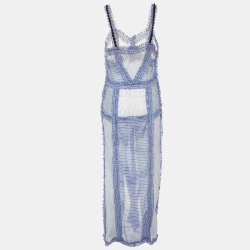 Pre Owned The Attico Blue Striped Cotton & Silk Ruffled Detail Slit Maxi Dress M