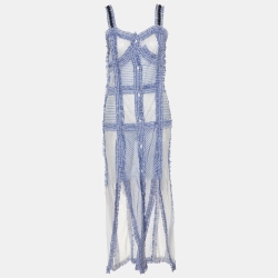 Pre Owned The Attico Blue Striped Cotton & Silk Ruffled Detail Slit Maxi Dress M