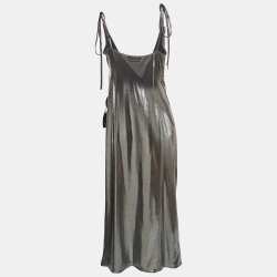 Pre Owned The Attico Metallic Silver Lamé Shoulder Strap Midi Wrap Dress M
