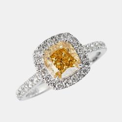 Pre Owned خاتم ألماس مصنوع في المختبر بلون أصفر قطع كوشن ودائري بوزن 2.00 قيراط ذهب أبيض عيار 18 حجم 51