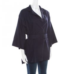 Pre Owned The Row Navy Blue Cotton Poplin Belted Hona Plunge Neck Blouse M