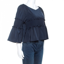 Tibi Navy Blue Stretch Jersey Smocked Detail Bell Sleeve Top M