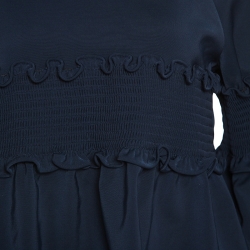 Tibi Navy Blue Stretch Jersey Smocked Detail Bell Sleeve Top M