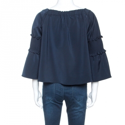 Tibi Navy Blue Stretch Jersey Smocked Detail Bell Sleeve Top M