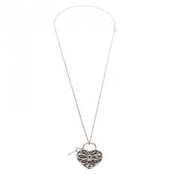 Pre Owned Tiffany & Co. Filigree Heart Pendant With Key Silver Chain Necklace 