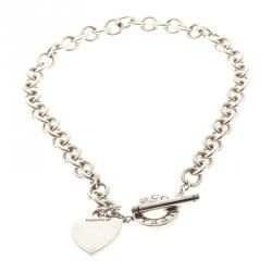 Pre Owned Tiffany & Co. Heart Tag Charm Silver Chain Toggle Necklace