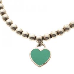 Pre Owned Tiffany & Co. Return to Tiffany Blue Enamel Heart Tag Silver Beads Bracelet 