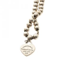 Pre Owned Tiffany & Co. Return to Tiffany Blue Enamel Heart Tag Silver Beads Bracelet 
