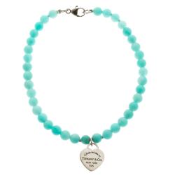 Pre Owned Tiffany & Co. Return To Tiffany Mini Heart Tag Silver Amazonite Bead Bracelet
