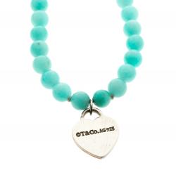 Pre Owned Tiffany & Co. Return To Tiffany Mini Heart Tag Silver Amazonite Bead Bracelet