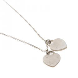 Pre Owned Tiffany & Co. Return to Tiffany Mini Double Heart Tag Pink Enamel Silver Pendant Necklace