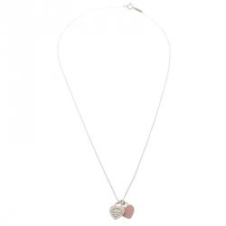 Pre Owned Tiffany & Co. Return to Tiffany Mini Double Heart Tag Pink Enamel Silver Pendant Necklace