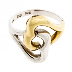 Pre Owned Tiffany & Co. Double Heart Silver & 18k Yellow Gold Ring Size 50.5