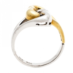 Pre Owned Tiffany & Co. Double Heart Silver & 18k Yellow Gold Ring Size 50.5