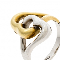 Pre Owned Tiffany & Co. Double Heart Silver & 18k Yellow Gold Ring Size 50.5