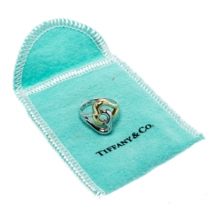 Pre Owned Tiffany & Co. Double Heart Silver & 18k Yellow Gold Ring Size 50.5