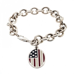 Pre Owned Tiffany & Co. Enamel American Flag Charm Silver Link Bracelet