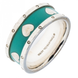 Pre Owned Tiffany & Co. Return To Tiffany Love Heart Blue Enamel Silver Band Ring Size 55
