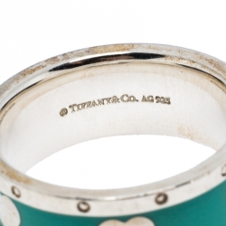 Pre Owned Tiffany & Co. Return To Tiffany Love Heart Blue Enamel Silver Band Ring Size 55