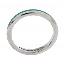 Tiffany & Co. Blue Enamel Inlay Silver Band Ring Size 55