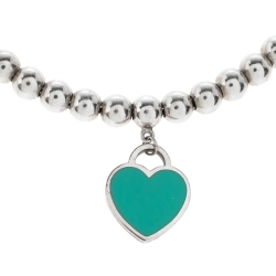 Pre Owned Tiffany & Co. Return to Tiffany Blue Enamel Heart Tag Silver Bead Bracelet