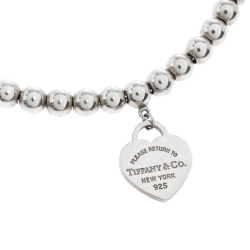 Pre Owned Tiffany & Co. Return to Tiffany Blue Enamel Heart Tag Silver Bead Bracelet