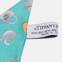 Pre Owned Tiffany & Co. Green Padlock Heart Print Silk Bandeau Scarf