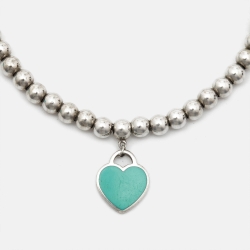 Pre Owned Tiffany & Co. Return to Tiffany Heart Tag Blue Enamel Silver Bead Bracelet 