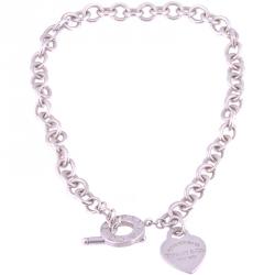 Pre Owned Tiffany & Co. Heart Tag Charm Silver Chain Toggle Necklace