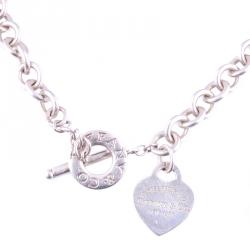 Pre Owned Tiffany & Co. Heart Tag Charm Silver Chain Toggle Necklace