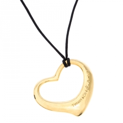 Pre Owned Tiffany & Co. Open Heart 18K Yellow Gold Black Cord Pendant Necklace