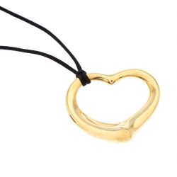 Pre Owned Tiffany & Co. Open Heart 18K Yellow Gold Black Cord Pendant Necklace