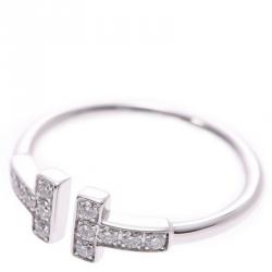 Pre Owned Tiffany & Co. 18K White Gold and Diamond T Wire Ring Size 49