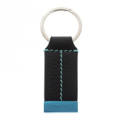 Pre Owned Tiffany & Co. Black Grain T Stitch Leather Key Ring
