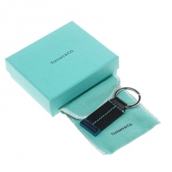 Pre Owned Tiffany & Co. Black Grain T Stitch Leather Key Ring