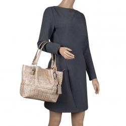 Pre Owned Tod's Metallic Beige Leather Small Studded Flower Tote