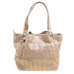 Pre Owned Tod's Metallic Beige Leather Small Studded Flower Tote
