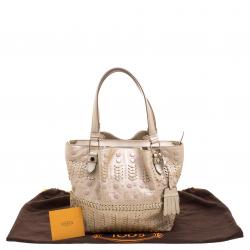 Pre Owned Tod's Metallic Beige Leather Small Studded Flower Tote