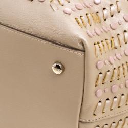 Pre Owned Tod's Metallic Beige Leather Small Studded Flower Tote