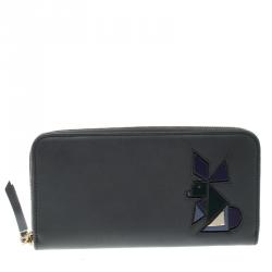 Tod's Black Leather Zip Around Rabbit Continental Wallet