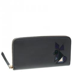 Tod's Black Leather Zip Around Rabbit Continental Wallet