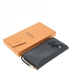 Tod's Black Leather Zip Around Rabbit Continental Wallet