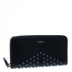 Pre Owned Tod's Navy Blue Leather Zip Around Studded Continental Wallet