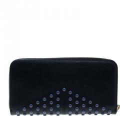 Pre Owned Tod's Navy Blue Leather Zip Around Studded Continental Wallet