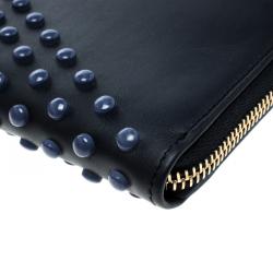 Pre Owned Tod's Navy Blue Leather Zip Around Studded Continental Wallet