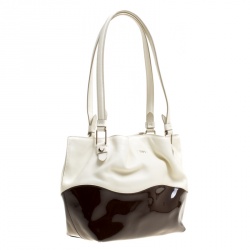 Pre Owned Tod's White/Burgundy Leather and Patent Leather Small Flower Shopper Tote