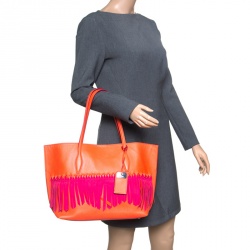 Pre Owned Tod's Coral Red/Fuchsia Pink Leather Origami Fringe Shopping Tote